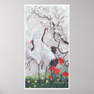 Chinese Crane with Peach Blossom Watercolor Poster