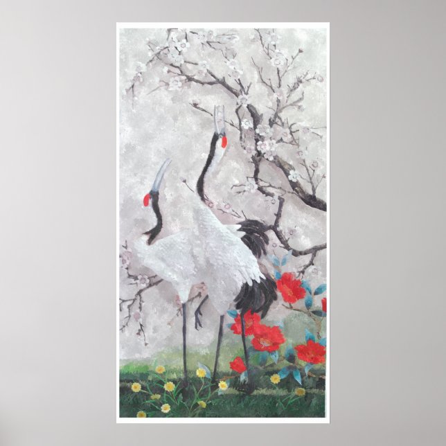 Chinese Crane with Peach Blossom Watercolor Poster (Front)