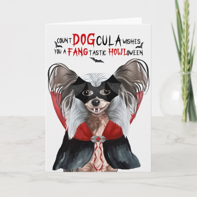 Chinese Crested Dog Funny Count DOGcula Halloween Holiday Card (Front)