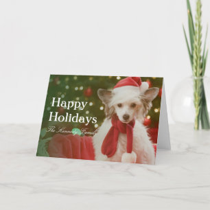 Chinese Crested Dog sitting in basket decorated Holiday Card