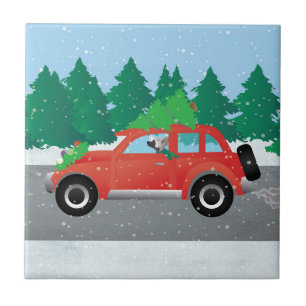 Chinese Crested Driving Car with Tree on Top Ceramic Tile