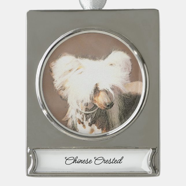 Chinese Crested Hairless Painting Original Dog Art Silver Plated Banner Ornament (Front)