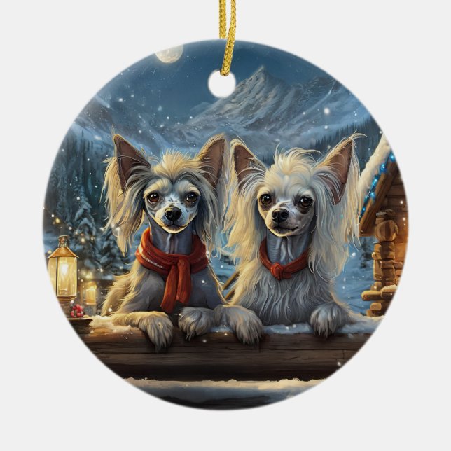 Chinese Crested Holiday Design By Rich AMeN Gill Ceramic Ornament (Front)
