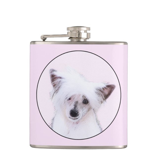 Chinese Crested Powderpuff Painting - Dog Art Hip Flask (Front)