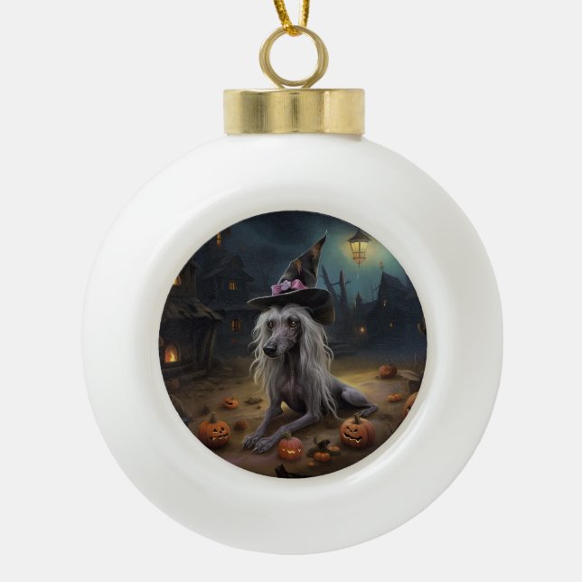 Chinese Crested Pumpkins Halloween Scary  Ceramic Ball Christmas Ornament (Front)