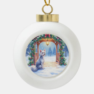 Chinese Crested Snowy Gazebo Christmas Art Ceramic Ball Christmas Ornament