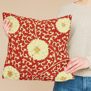 Chinese Dahlia pattern in red and cream Cushion