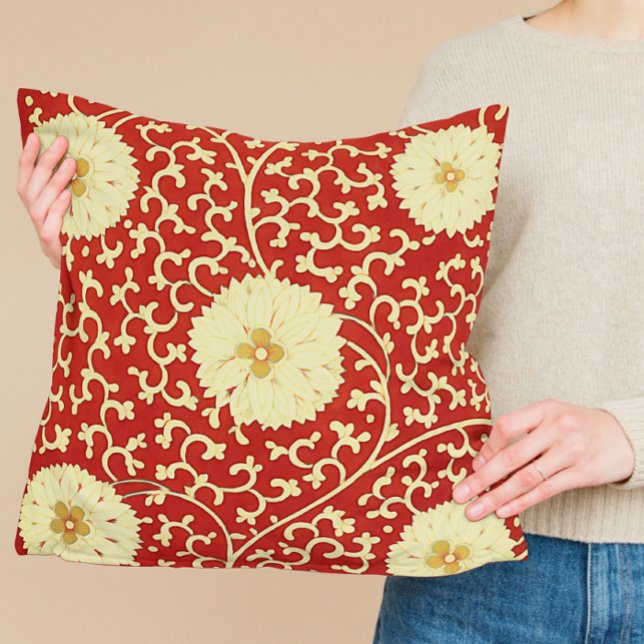 Chinese Dahlia pattern in red and cream Cushion (Creator Uploaded)