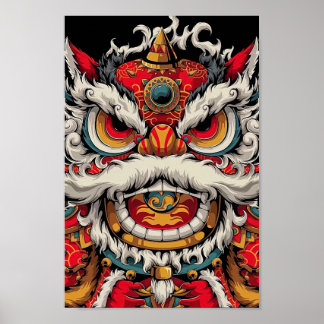 Chinese Dancing Lion Colourful Illustration Poster