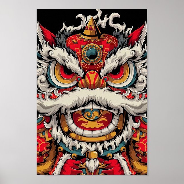 Chinese Dancing Lion Colourful Illustration Poster (Front)