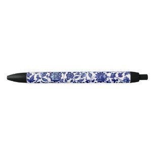 Chinese Dark navy blue floral pattern on white Black Ink Pen