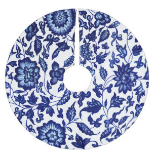 Chinese Dark navy blue floral pattern on white Brushed Polyester Tree Skirt