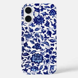 Chinese Dark navy blue floral pattern on white iPhone 16 Case