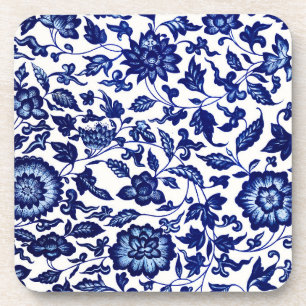 Chinese Dark navy blue floral pattern on white Coaster