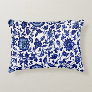 Chinese Dark navy blue floral pattern on white Decorative Cushion