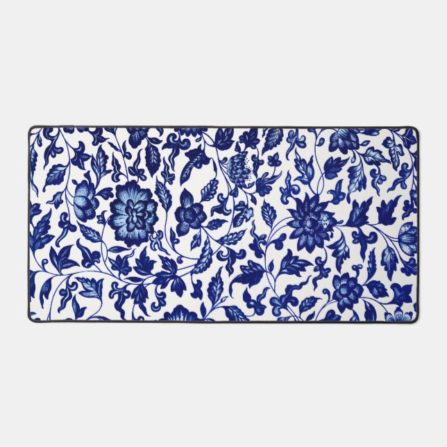 Chinese Dark navy blue floral pattern on white Desk Mat (Front)