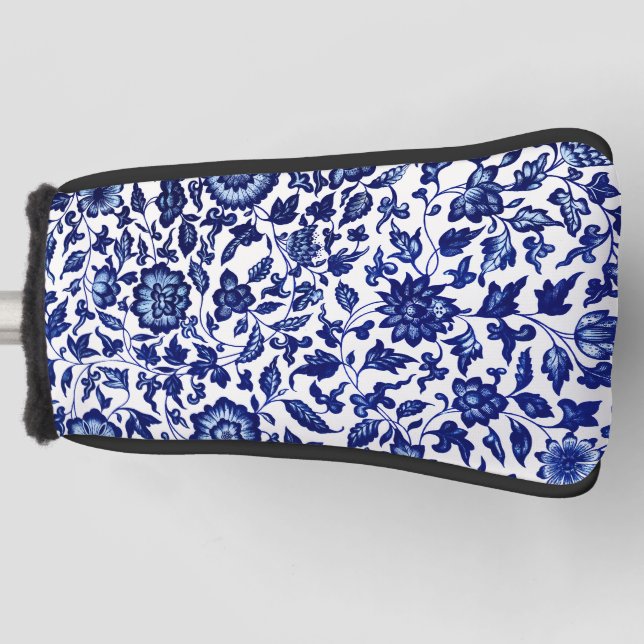 Chinese Dark navy blue floral pattern on white Golf Head Cover (Front)