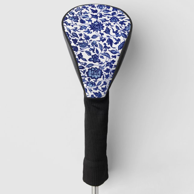 Chinese Dark navy blue floral pattern on white Golf Head Cover (Front)