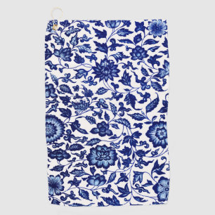 Chinese Dark navy blue floral pattern on white Golf Towel