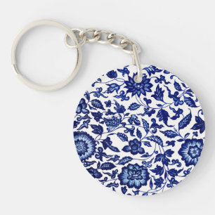 Chinese Dark navy blue floral pattern on white Key Ring