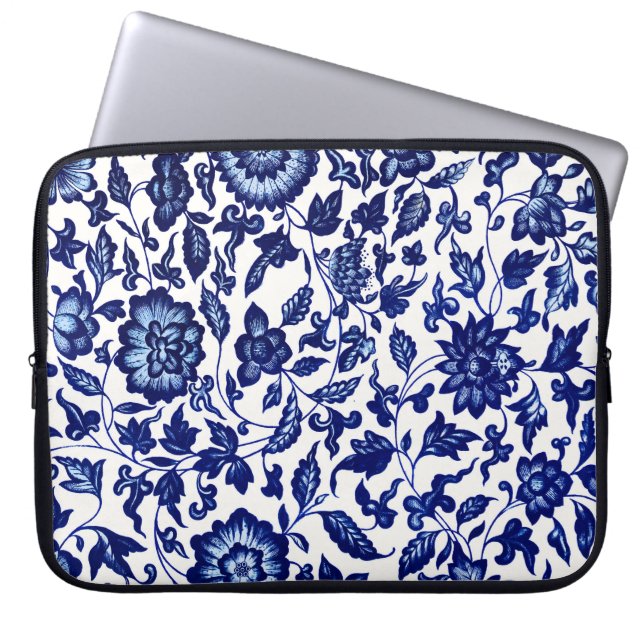 Chinese Dark navy blue floral pattern on white Laptop Sleeve (Front)