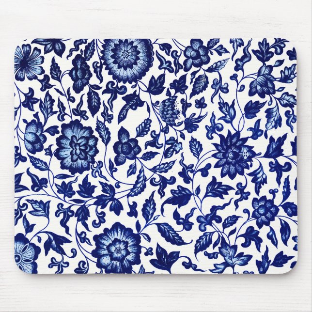Chinese Dark navy blue floral pattern on white Mouse Pad (Front)
