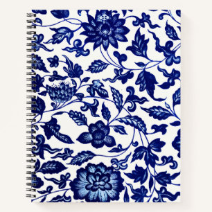 Chinese Dark navy blue floral pattern on white Notebook