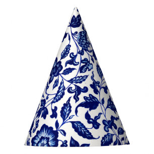 Chinese Dark navy blue floral pattern on white Party Hat