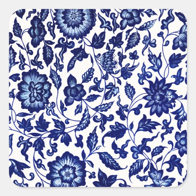 Chinese Dark navy blue floral pattern on white Square Sticker (Front)