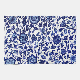 Chinese Dark navy blue floral pattern on white Tea Towel