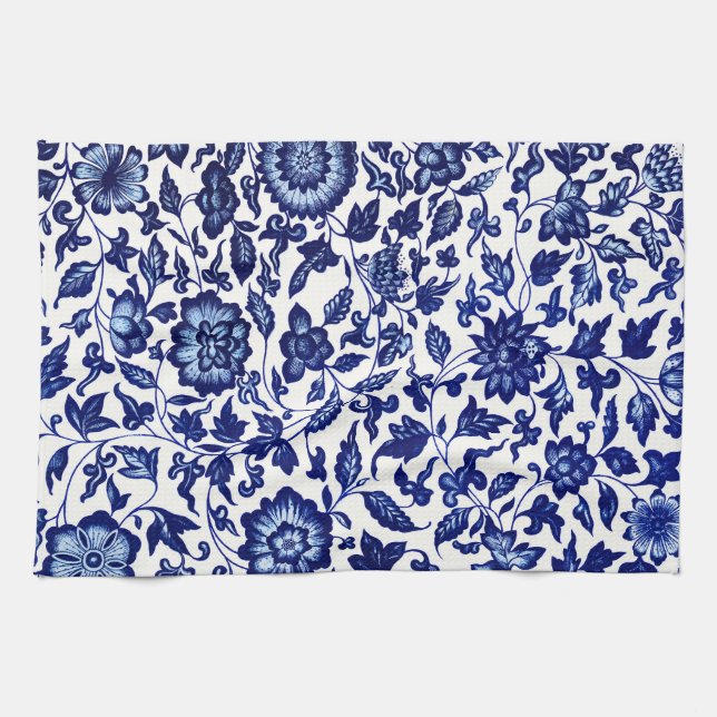 Chinese Dark navy blue floral pattern on white Tea Towel (Horizontal)