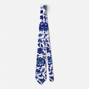 Chinese Dark navy blue floral pattern on white Tie