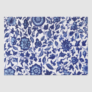 Chinese Dark navy blue floral pattern on white Tissue Paper