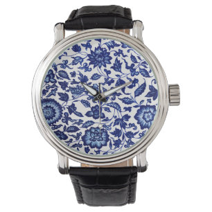 Chinese Dark navy blue floral pattern on white Watch