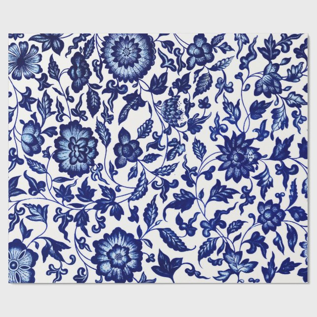 Chinese Dark navy blue floral pattern on white Wrapping Paper (Flat)