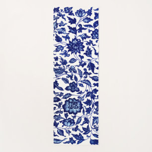Chinese Dark navy blue floral pattern on white Yoga Mat