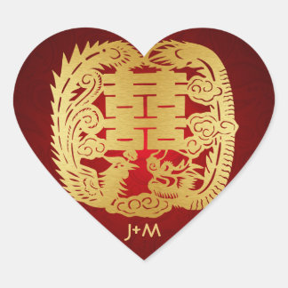 Chinese Double Happiness Dragon / Phoenix Wedding Heart Sticker