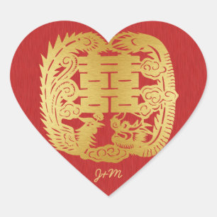 Chinese Double Happiness Dragon / Phoenix Wedding Heart Sticker