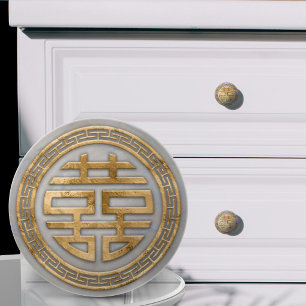 Chinese Double Happiness Gold and Pearl Ceramic Knob