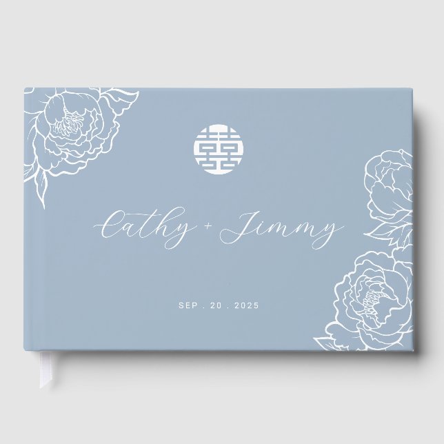 Chinese Double Happiness Wedding Dusty Blue Guest Book (Front)