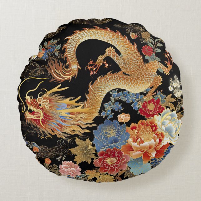Chinese Dragon and Peonies Round Throw Pillow (Front)