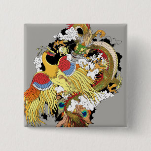 chinese dragon and phoenix 15 cm square badge