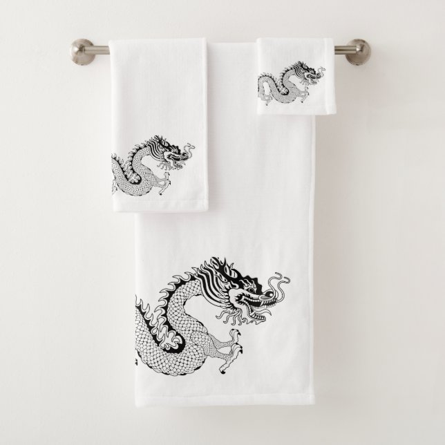 Chinese Dragon Black White Bath Towel Set (Insitu)