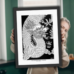 Chinese Dragon Black White Ink Sketch Poster