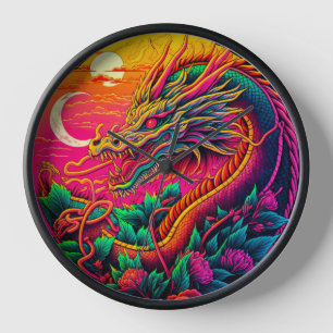 Chinese Dragon Colourful Neon Design Clock