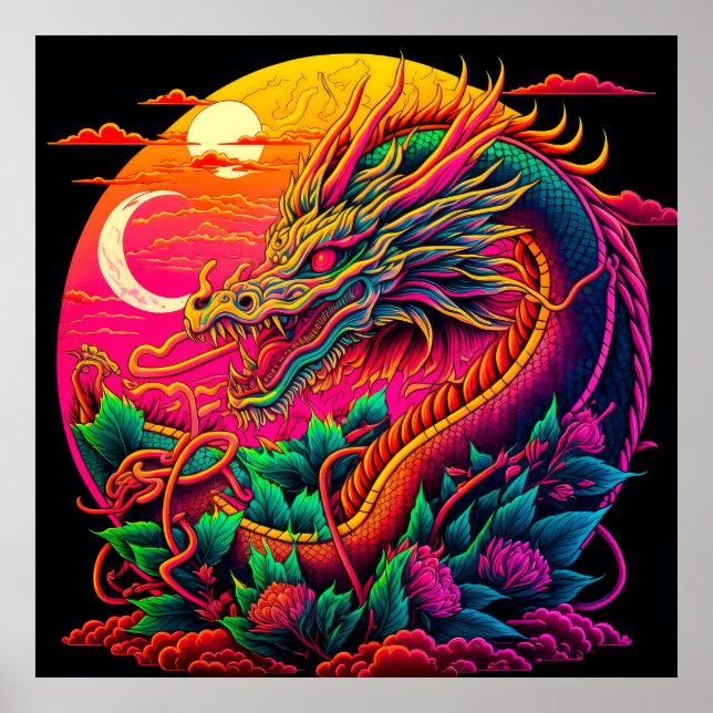 Chinese Dragon Colourful Neon Design Poster (Front)