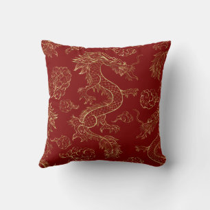 Chinese Dragon Gold and Dark Red Cushion