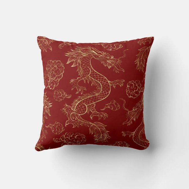 Chinese Dragon Gold and Dark Red Cushion (Back)