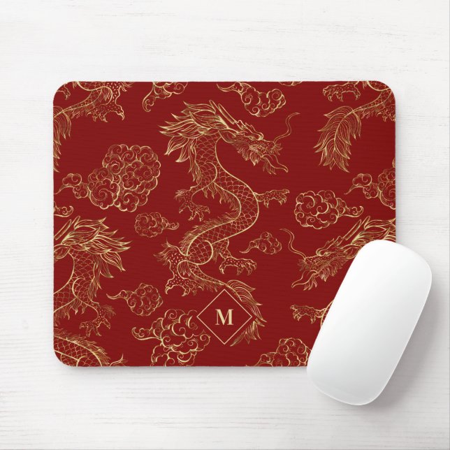 Chinese Dragon Gold and Dark Red Mouse Pad (With Mouse)