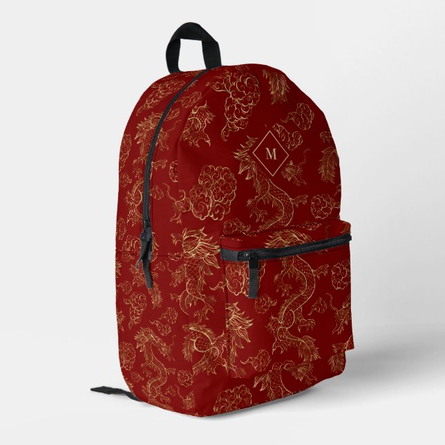 Chinese Dragon Gold and Dark Red Printed Backpack (Back Corner Left)